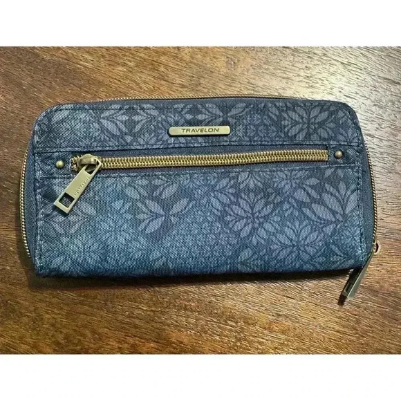 Travelon Zip-Around Wallet Blue FloraNylon-Turquoise Lining RFID 8"w x 4"t x 1"d - Picture 1 of 8